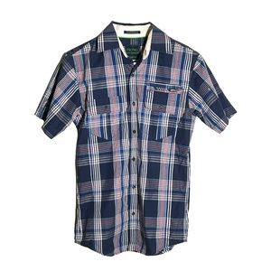 Navy blue plaid shirt.